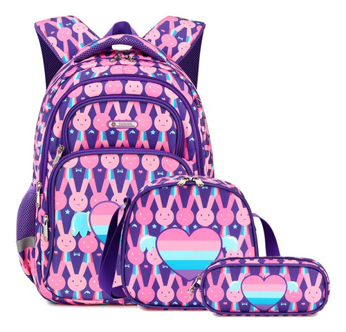 Set Mochila Escolar Impermeable 3 en 1 Niño Niña | Mochila Grande con Lonchera Térmica y Estuche | Ergonómica, Resistente, Ideal Regalo Escolar para Niños de 6 a 12 Años, Color Conejo Rosa Purpura