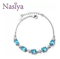 Pulsera De Topacio Azul Con Aguamarina, Brazalete De Plata D