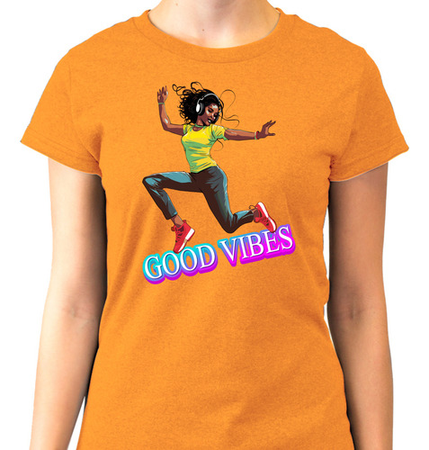 Playera Diseño Good Vibes - Chica Disfrutando Música - Feliz