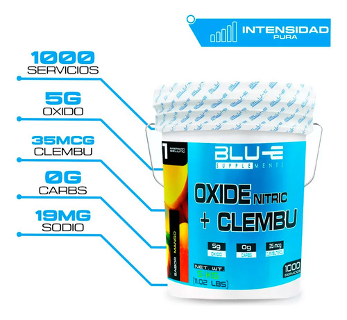 Óxido Nítrico + Clembuterol Blu-e 5 Kg Pre-entreno 1000 Serv Mango