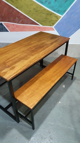 Imagen 5 de 9 de Mesa Industrial 130x60 Con 2 Bancos Largos Hierro Y Madera