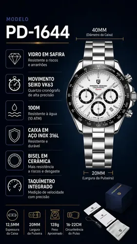 Relógio Pagani Design Cronógrafo Seiko VK63 Safira PD-1644