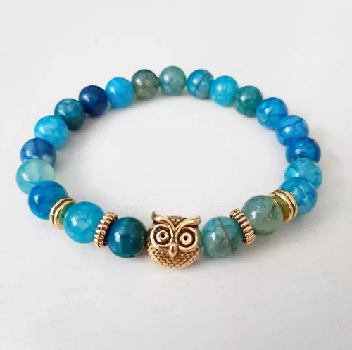 Pulsera Delicada De Mujer Cuencas Azul Celeste Dije Buho