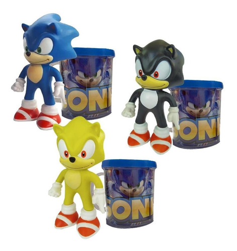 Sonic Azul, Preto E Amarelo- Kit Com 3 Bonecos + Canecas