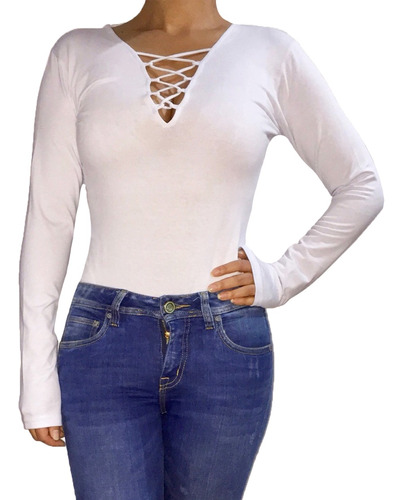 Blusa Body Cordon Escotado Licrado Bodysuit Moda Mujer 