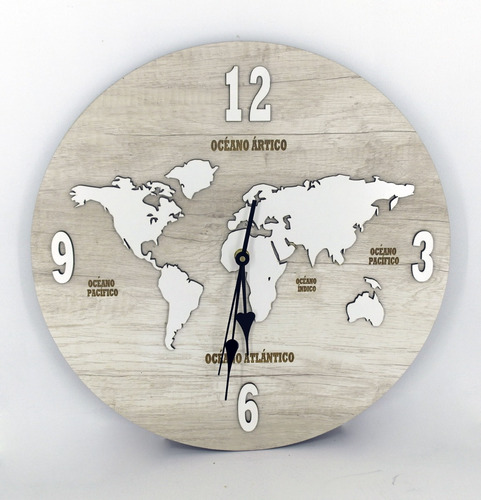 Reloj De Pared De Madera Analógico Diseño Mapa Mundi 60x60