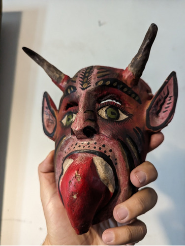 Máscara Antigua De Diablito Demonio Tallado En Madera