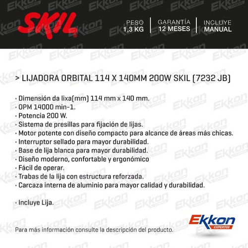 Imagen 2 de 6 de Lijadora Orbital Skil 200w 114 X 140 Palma Lija (7232 Jb)
