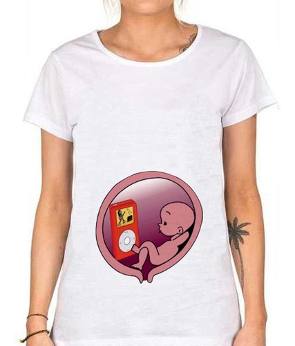 Remera De Mujer Bebe Escuchando Rock En La Panza Embarazada