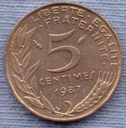 Francia 5 Centimes 1987 * Libertad *