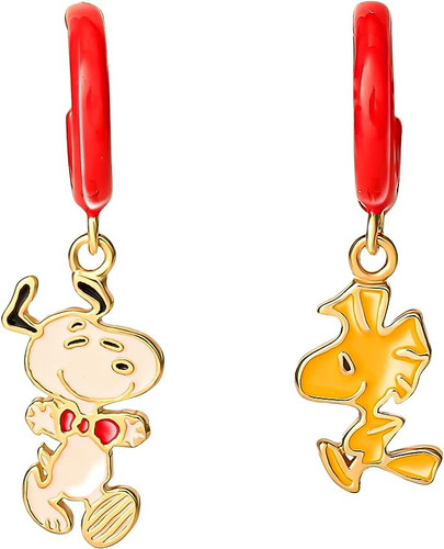 Aretes Plata Chapados En Oro Y Madera Esmaltada Y Snoopy Par