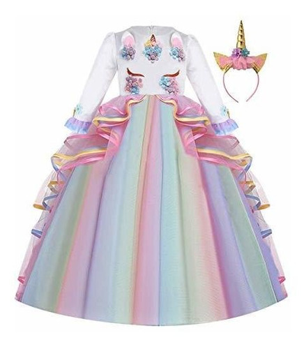 Vestido Unicornio Fiesta Niña - Mangas Largas - Maxi Tul - Diadema