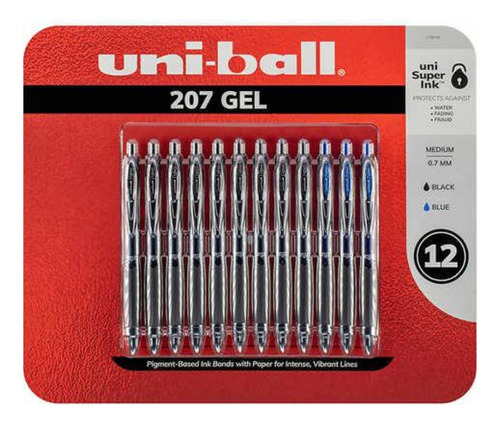 Bolígrafos Uni-ball® 207. (9 Negros + 3 Azules). Punta Media