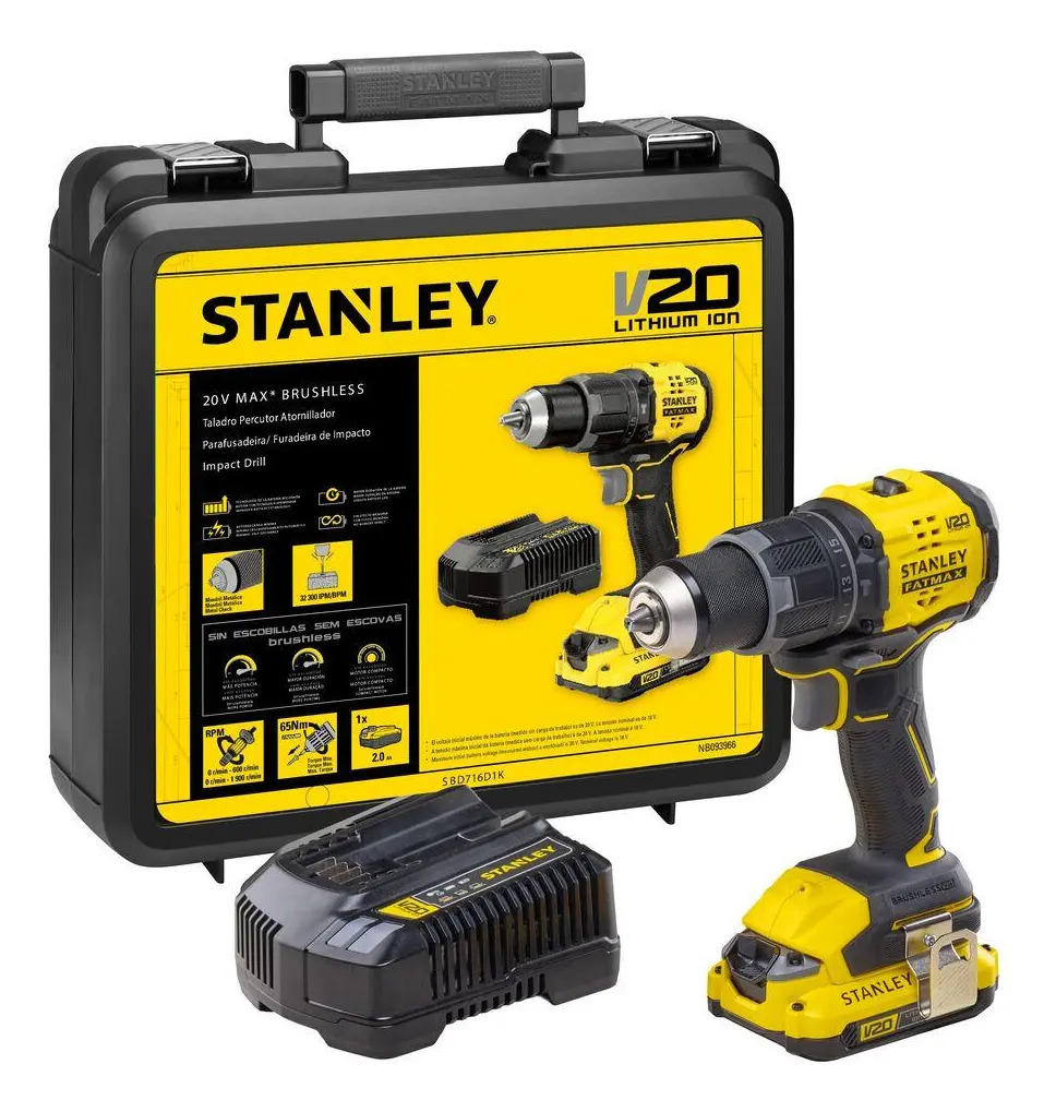Parafusadeira e Furadeira de Impacto 13mm 20V STANLEY SBD716D1K com Bateria, Carregador e Maleta