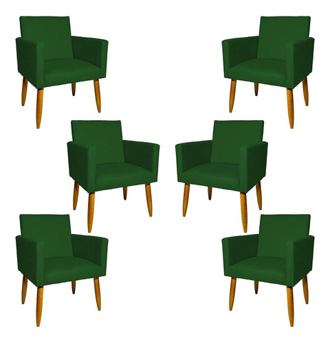 Kit 6 Poltronas Decorativas Para Sala Cadeira Pé Castanho Cor Verde Desenho do tecido Suede