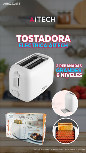 Tostadora Eléctrica Aitech 2 Rebanadas Grandes 6 Niveles