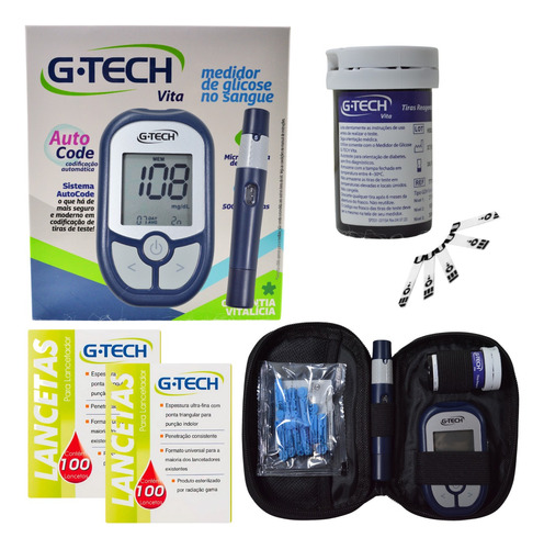 Kit Aparelho Medir Glicose G-tech Vita 200 Lanceta Glicemia 