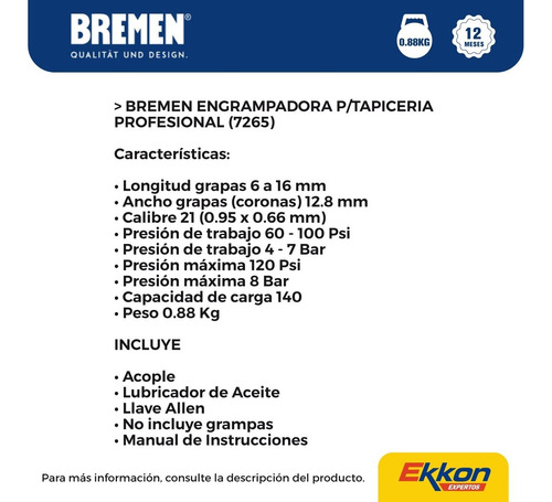 Imagen 3 de 8 de Engrampadora Neumática Profesional Bremen 6-16 Mm Tapicería