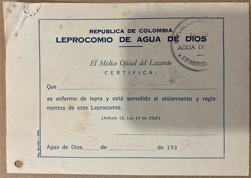Lazareto De Agua De Dios Certificado Médico Enero 1939