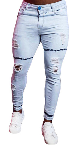 Calça Skinny Jeans Destroyed Clara Manchada Azul Masculina