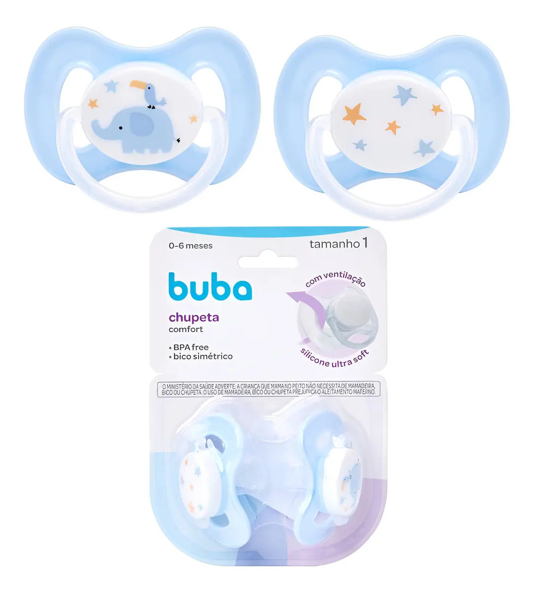 Kit 2 Chupeta Buba 0-6 Meses Bico Silicone Comfort Tam 1 Cor Elefante Azul