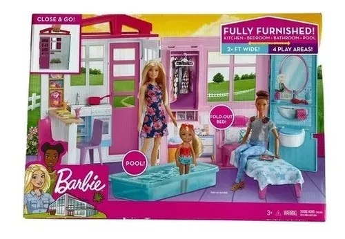 Casa de bonecas Barbie, jogo portátil de 1 andar com piscina e acessórios