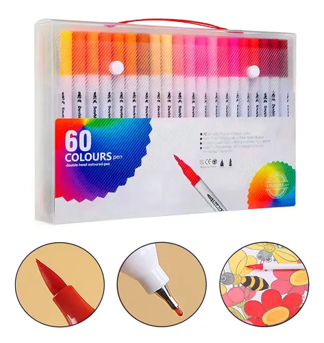 Kit Caneta Brush Pen 60 Cores Duas Pontas Pincel Lettering