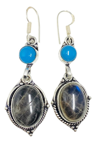 Aros Plata India Ovalados Labradorita Y Calcedonia Azul Natu