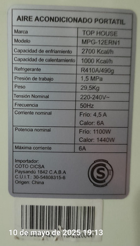 Aire Acondicionado Top House Portatil Crema (Usado)