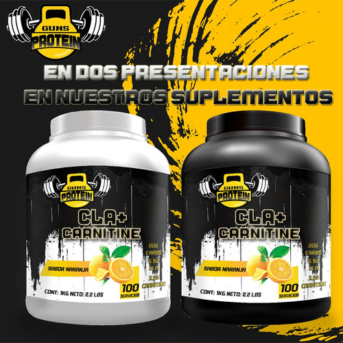 Cla + Carnitina 1kg Guns Suplements 100 Servs Pre Entreno Naranja