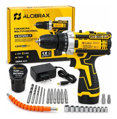 Parafusadeira Furadeira Potente 12v Com Kit De 25 Peças Amarelo 127/220v 50hz/60