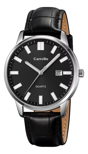 Reloj Analógico Carrello 52 Malla Negra Caja Plateada Malla Negro Bisel Plateado Fondo Negro