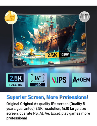 2.5k Monitor Portátil 16, Gtv Os, 2560x1600 Qhd 144hz, 100%