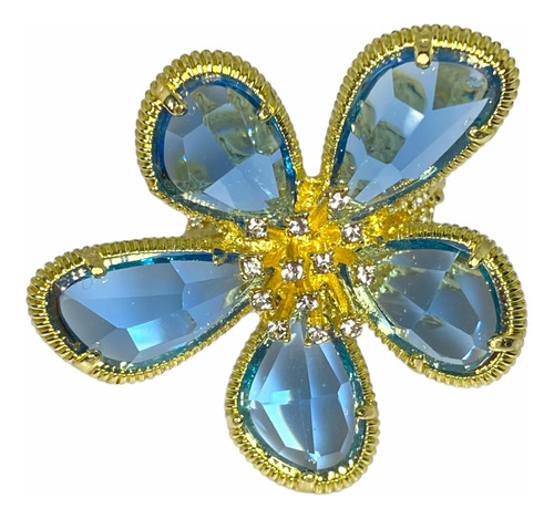 Anillo Flor Azul Bañado En Oro Cristales Swarovski Topacios