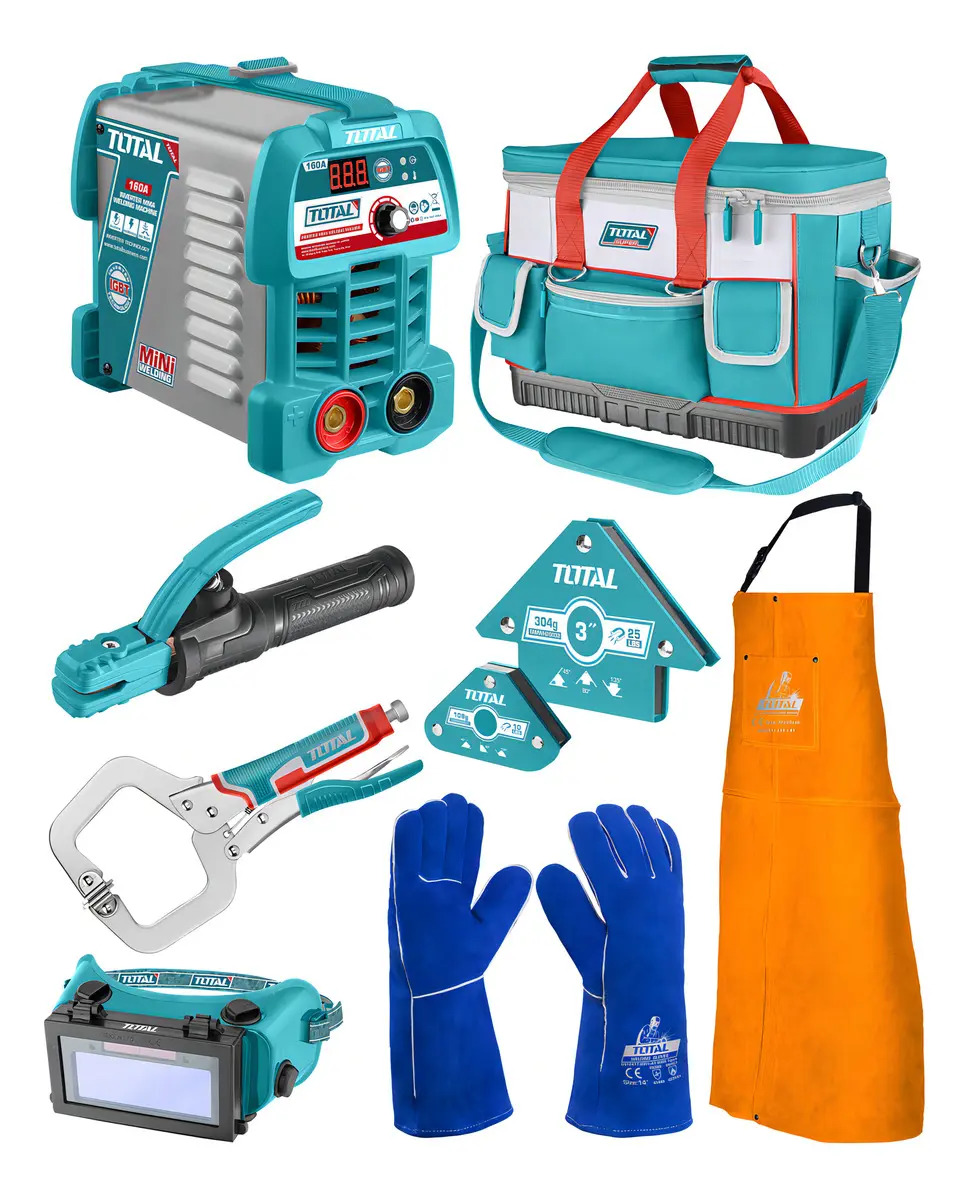 Súper Set Soldador Total: Soldadora Igbt Inverter Mma 160a, Electrodo - Incluye Lentes, Delantal, Guantes, Escuadras, Pinzas Y Bolso - Tos23095