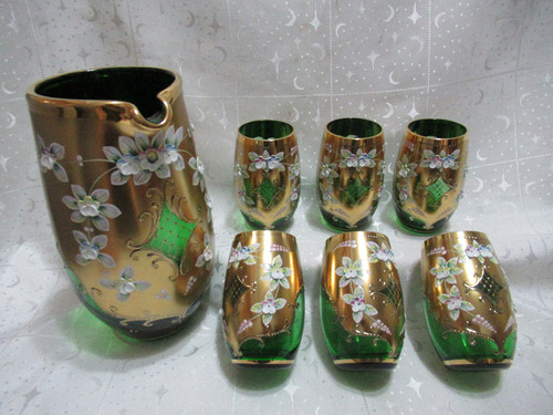 Jarra Con 6 Vasos Cristal Veneciano Verde Oro Flores Esmalte