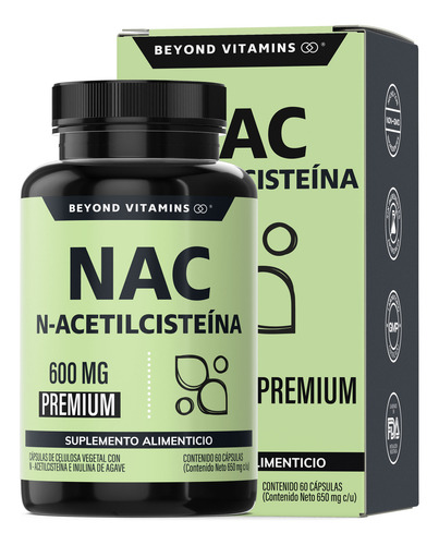 Beyond Vitamins | Nac N-acetil Cisteína 600mg Ultra-premium Con Inulina De Agave (prebiótico Natural) | N-acetyl Cysteine (60 Cápsulas)