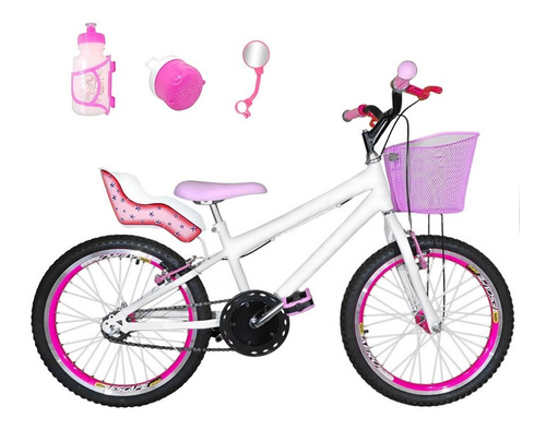 Bicicleta Aro 20 Branca Kit Aero Pink C/ Cadeirinha Cfa3c