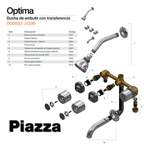 Ducha Para Embutir C/transf. - Piazza - Optima 31206 Plateado Cromado