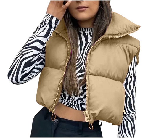 Q Mujeres Abrigo Chaqueta Invierno Crop Chaleco Manga Ligera