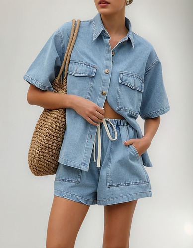 H Conjunto Jeans Feminino De Verão Com 2 Peças