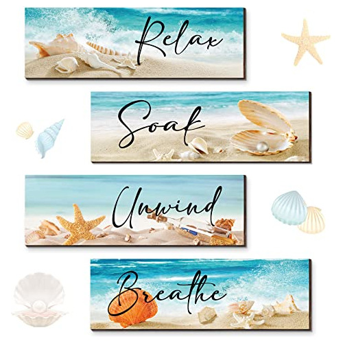 4 Pieces Ocean Beach Bathroom Wall Decors Wood Relax So...