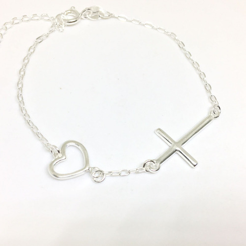 Pulsera Con Dije Cruz Transversal Y Corazón Fina Plata 925