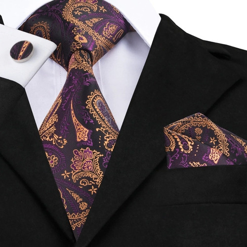 B571 Seda | Corbata Pañuelo Mancuernillas - Floral Morado