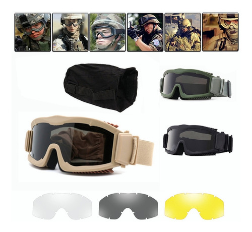 Gafas Tácticas Goggle Militares Con 3 Lentes