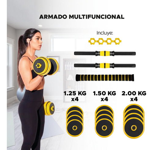Mancuernas 20kg Kit Ajustable De Pesas Con Discos Barra Gym Color Amarillo