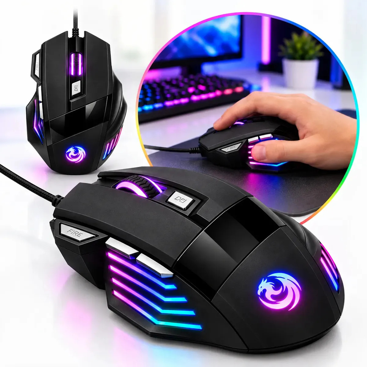 Mouse Gamer RGB USB Com Fio 3200 DPI Ajustável 7 Botões Fire Button LED 7 Cores Para PC Ergonômico