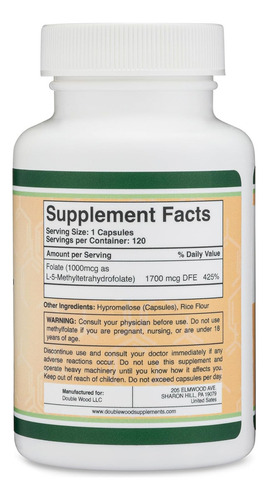 Double Wood supplements Metilfolato 1,000mcg 120 cápsulas suplemento de folato de metilo probado por terceros sabor sin sabor