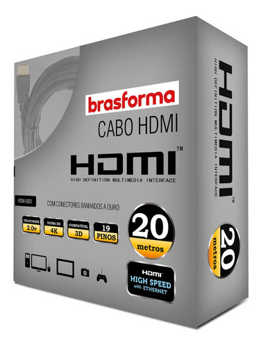 Cabo Hdmi De Alta Definição 2.0 Com 20m -brasforma Hdmi-5020