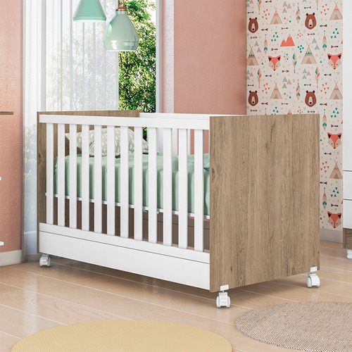 Kit Berço Mini Cama Taís E Cômoda 3g.c/nicho Brilhar Q01 Cor Carvalho Rustico Branco